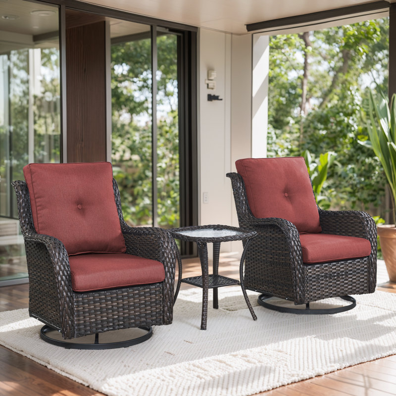 Ensemble de fauteuil oscillant et table d'appoint en osier Wendye avec coussins en oléfine résistants à l'eau, Rouge, Brun