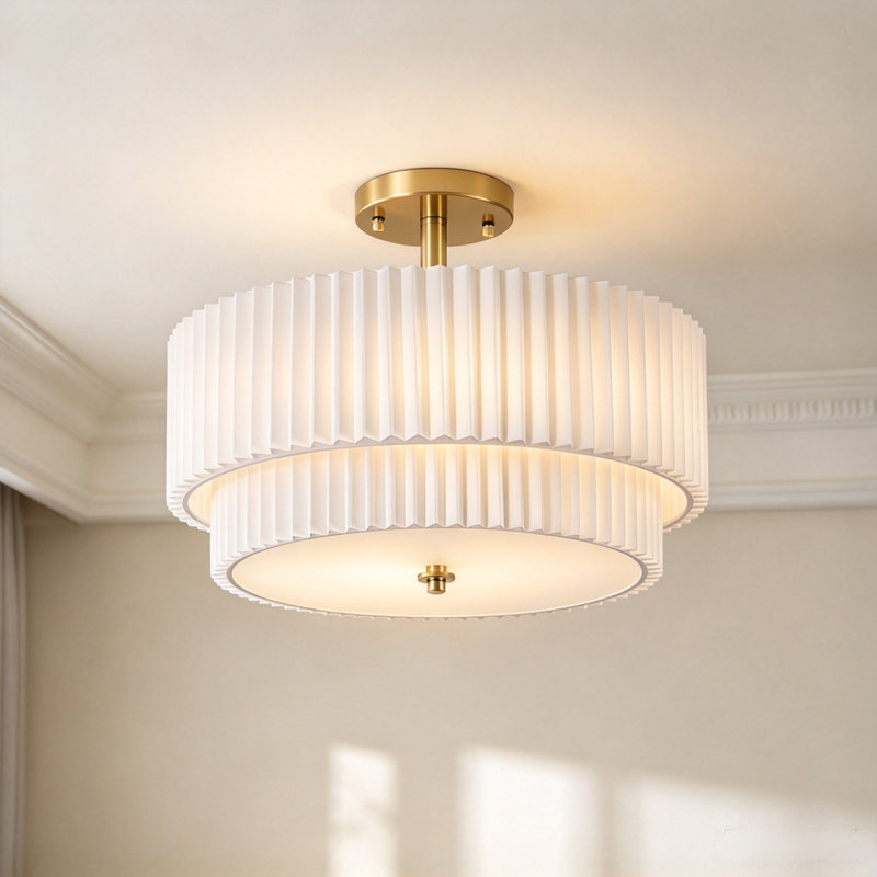 Plafonnier semi-encastré moderne en tissu plissé de 43 cm (17 po), 3 lumières E26 avec verre, fini doré
