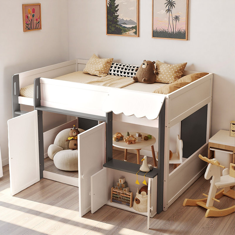 Lit mezzanine moderne avec maisonnette et rangement, Gris / Blanc
