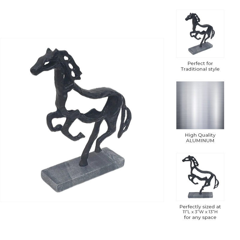 Cheval au galop 13 po x 11 po Hafssa sur base de marbre, noir