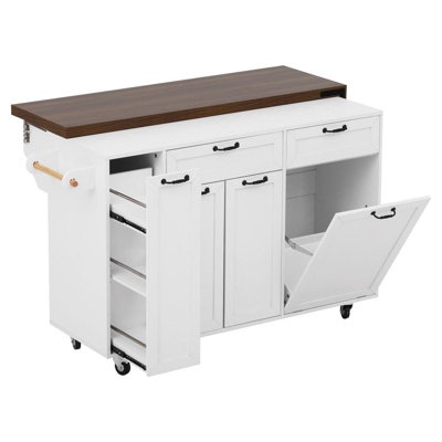 102.3" Kitchen Island with Extendable Dining Table – Rolling Cart with Trash Cabinet & Pull-Out Spice Rack