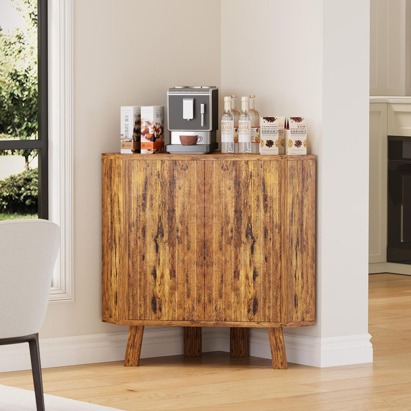 Farmhouse Corner Storage Cabinet, 31.5" Industrial 3-Tier Wooden Organizer with Adjustable Shelf, Freestanding End Table Cupboard for Living Room, Bedroom, Bathroom