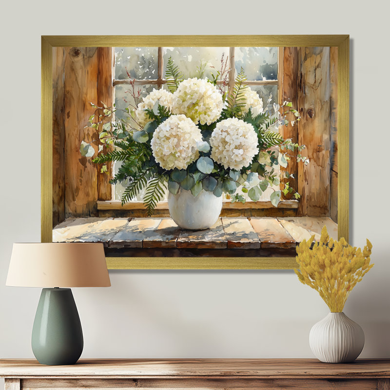«Barnyard Beauty Bouquet of Hydrangea I», art mural grand hortensia, H 30 po x l 40 po, Cadre simple, Doré