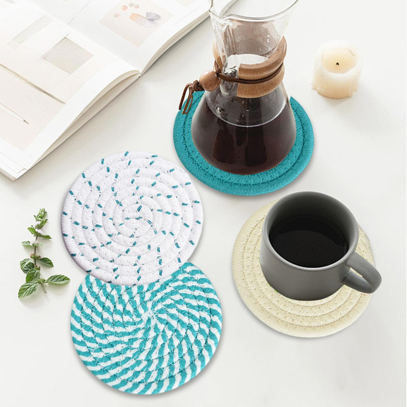 Napperon en coton avec nappe tissée ronde, Bleu