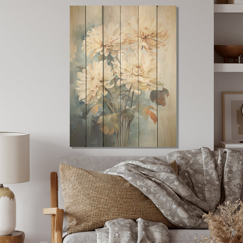 Minimalisme, peinture de mamans en fleurs en bleu et blanc - Art sur bois de mamans sur bois de pin naturel