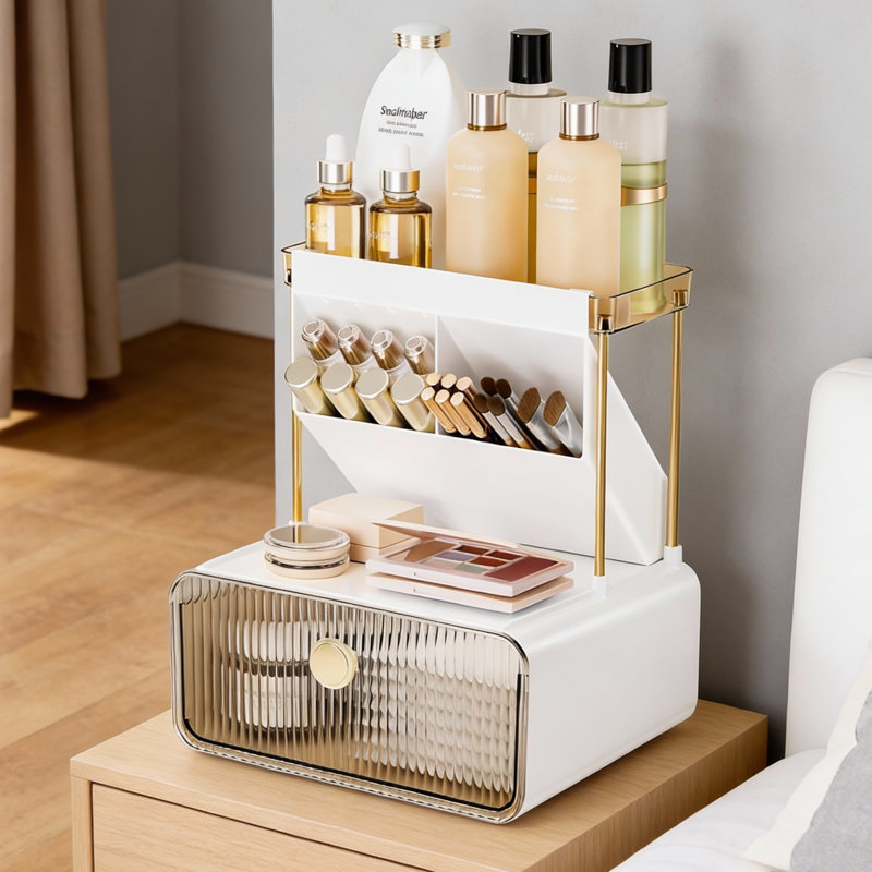 Organisateur de comptoir de salle de bain à 2 niveaux et 1 tiroir | Rangement pour coiffeuse Amber