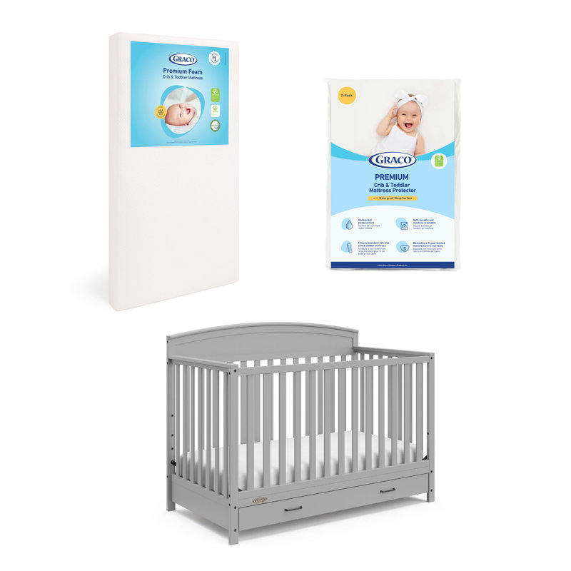 Lit de bébé convertible 5 en 1 avec tiroir Benton, Galet, Lit de bébé + matelas + protecteur