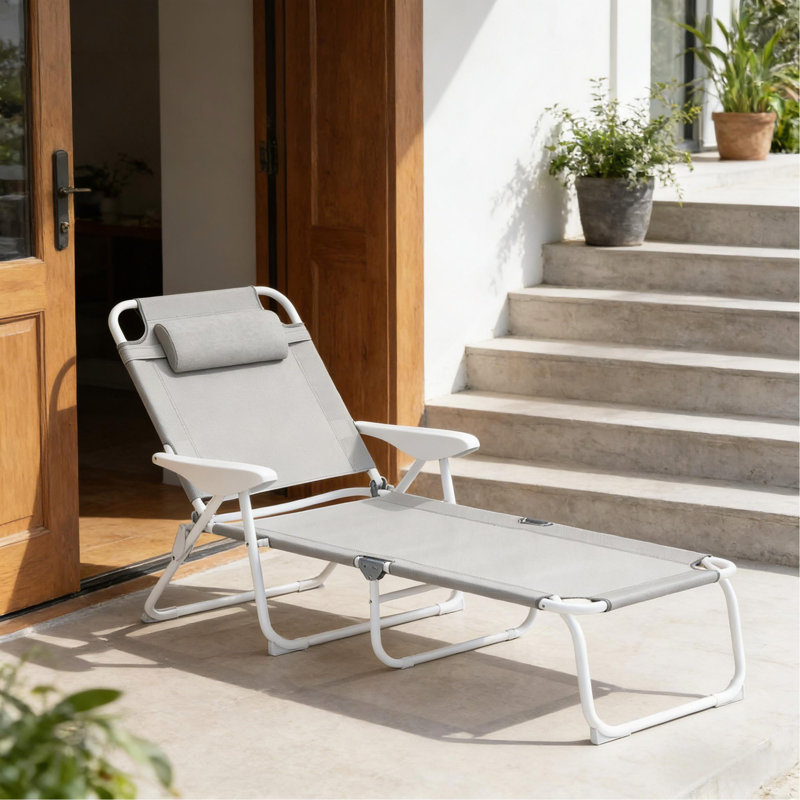 Chaise de bronzage d'extérieur, chaise longue pliante gris clair, Light Grey