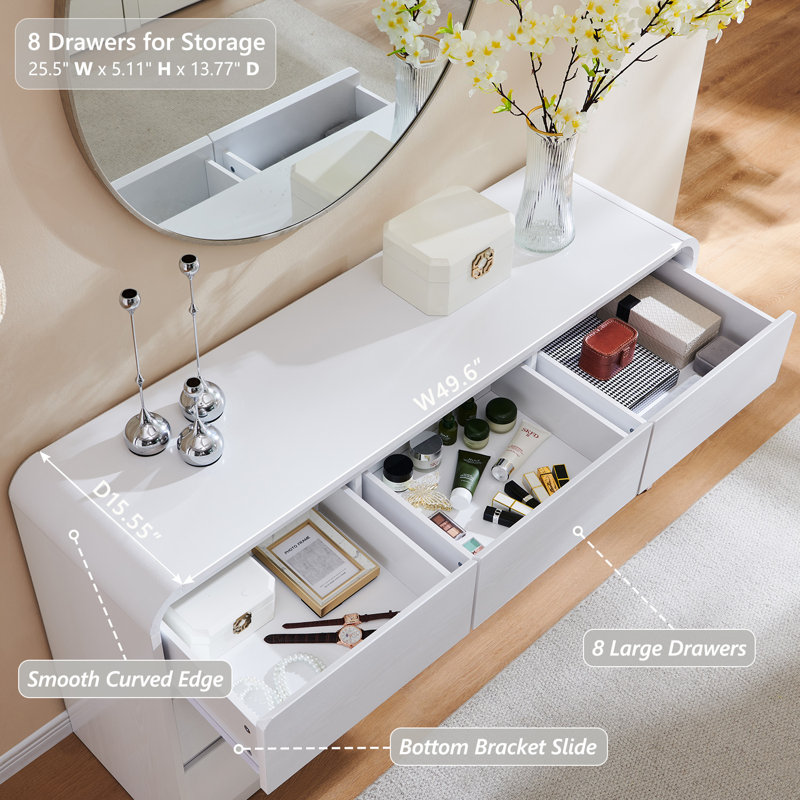 Commode moderne à 8 tiroirs pour la chambre à coucher Maud, commode de 55 po de largeur et commode, Blanc