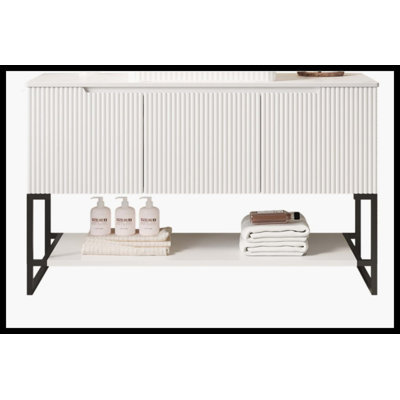 48-Inch Freestanding Cabinet With Carrara White Sintered Stone Countertop - 3 Doors + Open Shelf, No Basin, No Faucet, No Sink Cover, White Color