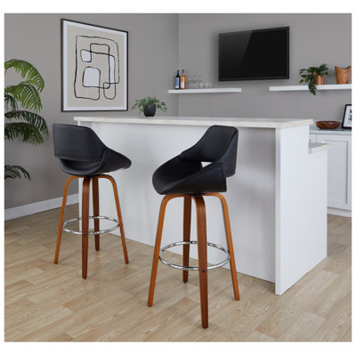 Tabouret de bar pivotant à hauteur fixe de style moderne du milieu du siècle, 76 cm (30 po), en bois de noyer et similicuir noir, avec repose-pieds rond en métal chromé - Ensemble de 2