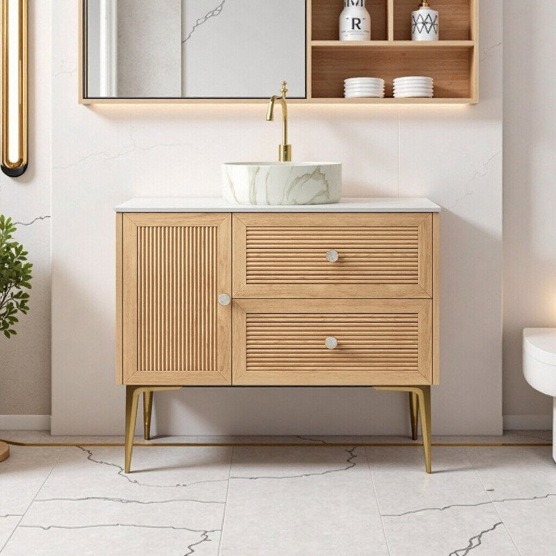 Meuble-lavabo sur pied 36 po avec lavabo, armoire en contreplaqué et 4 pieds en métal, pré-assemblé
