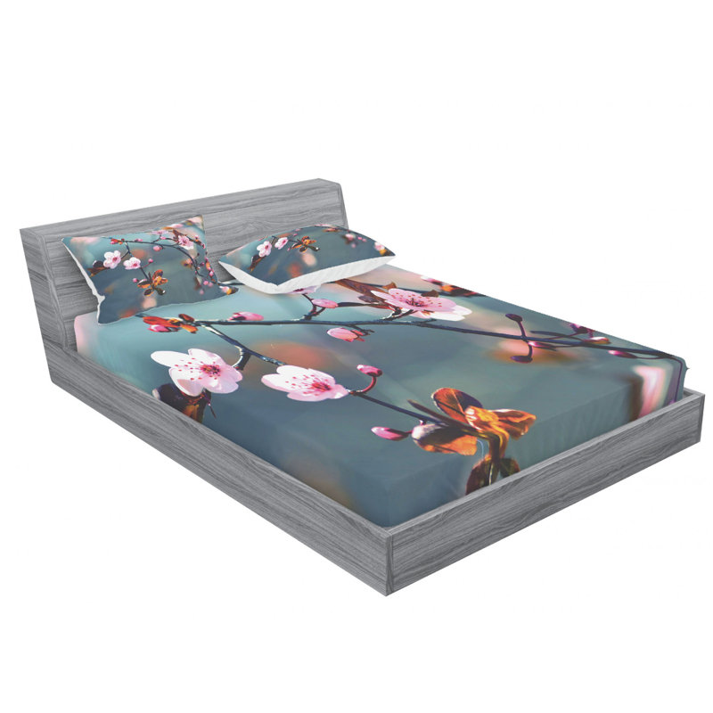 Ensemble de draps japonais fleurs de cerisier en fleurs, Ensemble de drap pour grand lit avec drap-housse