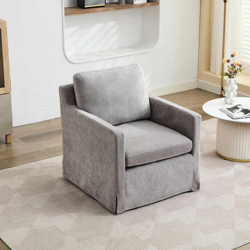 Fauteuil club pivotant à 360 degrés en chenille grise, rembourré avec coussin de dossier amovible, idéal pour la chambre à coucher, le vestiaire, le coin lecture, la structure en bois massif et en contreplaqué en métal noir de 30,71 po
