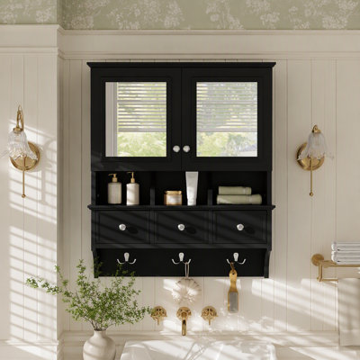 Armoire à pharmacie murale de 61 cm (24 pouces), armoire à miroir 4 en 1 avec miroir haute définition, tiroirs et crochets de rangement, rangement ouvert et dissimulé pour meuble-lavabo de salle de bain