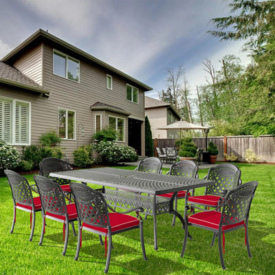 Ensemble de 9 meubles de patio en aluminium coulé avec coussins rouges 9 pièces