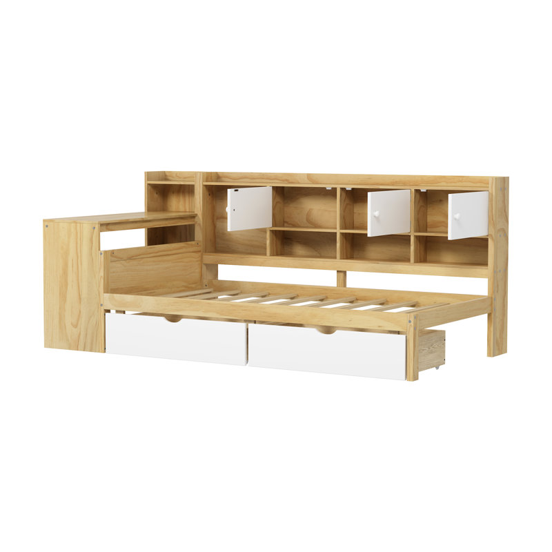 Lit de jour simple en L avec espace de rangement et bureau - Naturel + blanc