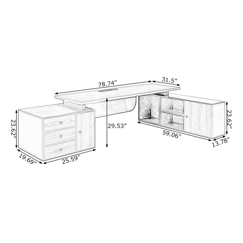 Bureau de direction brun en L en bois massif avec 3 tiroirs, H 29,53 po x l 78,74 po x P 59,06 po, Retour à droite