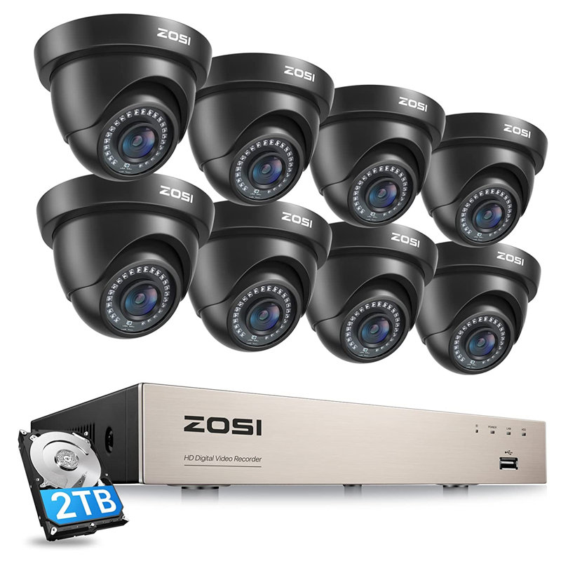 8CH 1080P Security System with 2TB HDD, 8 x 2MP Dome Outdoor Camera, Motion Detection, Black