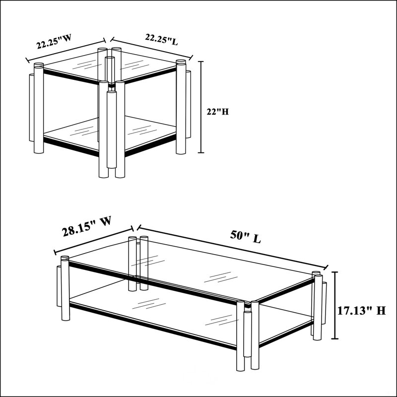 Double-Layer Clear Tempered Glass Table Top Set Of 2, Clear/Gold
