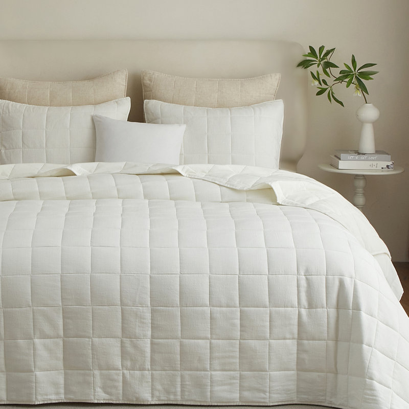 100% Linen Quilt Set, Pre-Washed Linen Front and Cotton Back Comforter, White, King Quilt + 2 King Shams