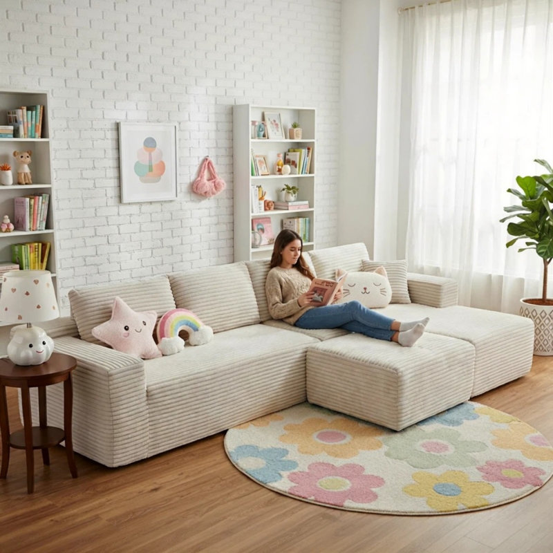 Canapé modulaire de forme basse en L de 134 po avec repose-pieds 4 places, 134 po, Beige, Orienté à droite