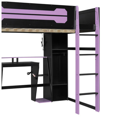 Full-Size Wooden Gaming Loft Bed with Desk and Storage, RGB LED Light, USB Charging Station, Built-in Wardrobe & Cabinets, Space-Saving Loft Bed Frame for Bedroom-Purple