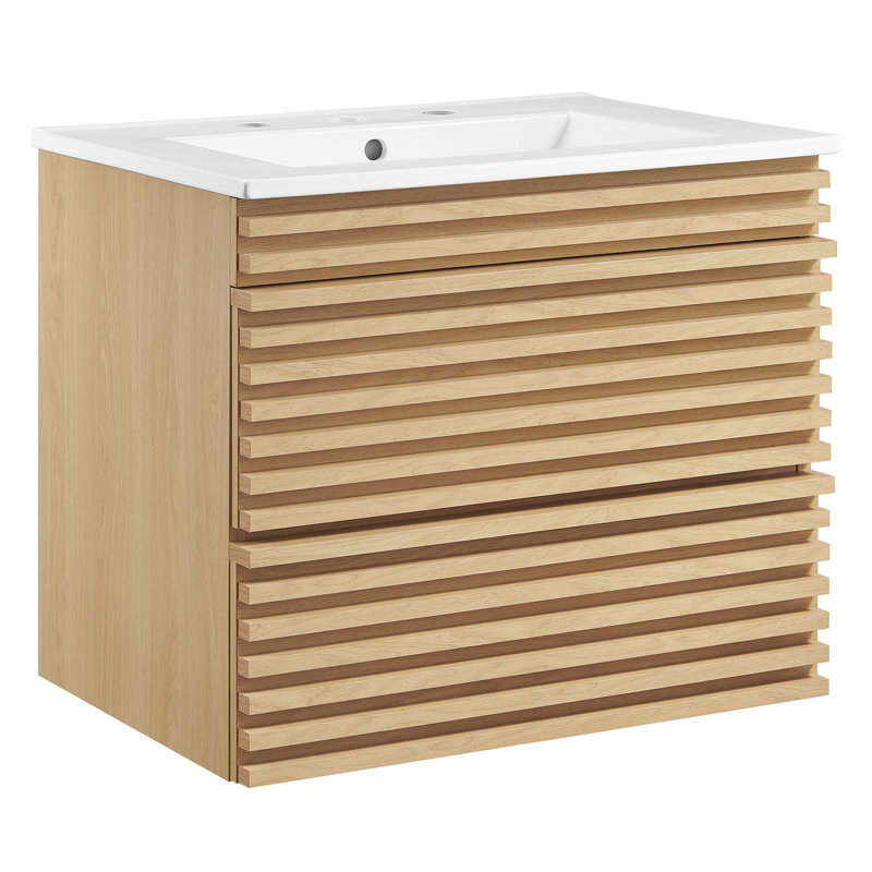 Oak White 24" Wall-Mount Bathroom Vanity with Ceramic Sink