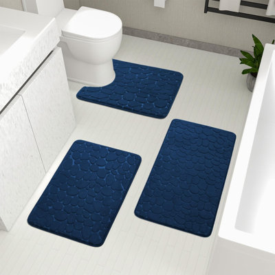 Bathroom Rugs Mat Set 3 Piece Dark Blue, Memory Foam Bath Mats Sets, Non Slip Water Absorbent Washable Bath Rugs For Sink, Toilet And Floor