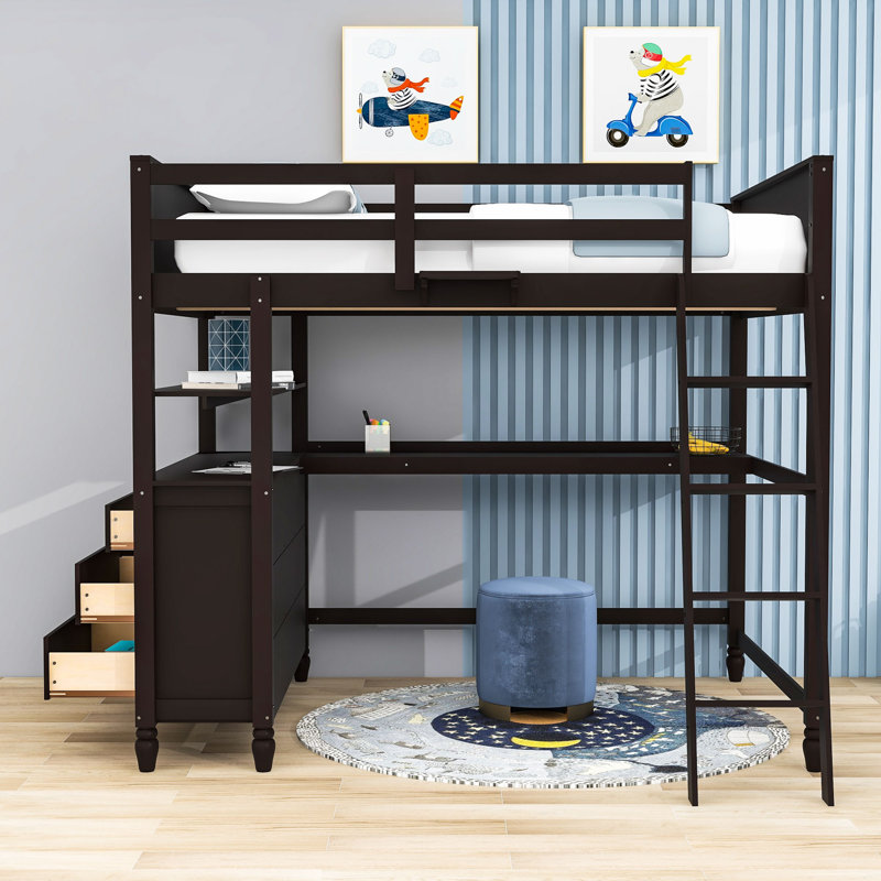 Gibrian Full 6 Drawers Wood Loft Bed with Built-in-Desk and Shelves by Harriet Bee, Espresso
