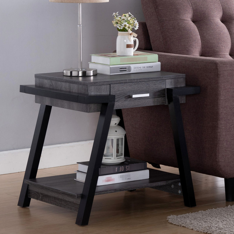 Table de bout Home avec tiroir et tablette de rangement en noir-gris noir / gris