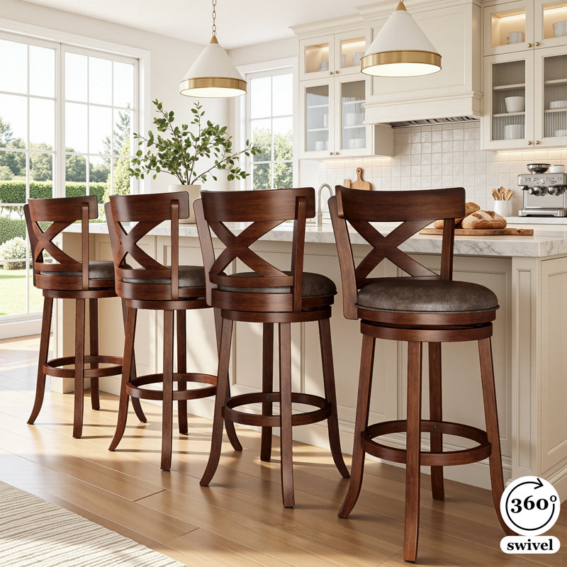 Tabouret de bar pivotant rembourré de 76 cm (30 po) avec cadre en bois massif pour la cuisine, Fondant / cerisier foncé