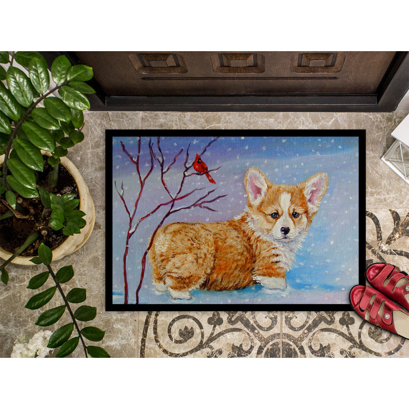 Tapis de porte pour l’extérieur anti-dérapant corgi pup snow cardinal, Rectangle 2 pi x 3 pi