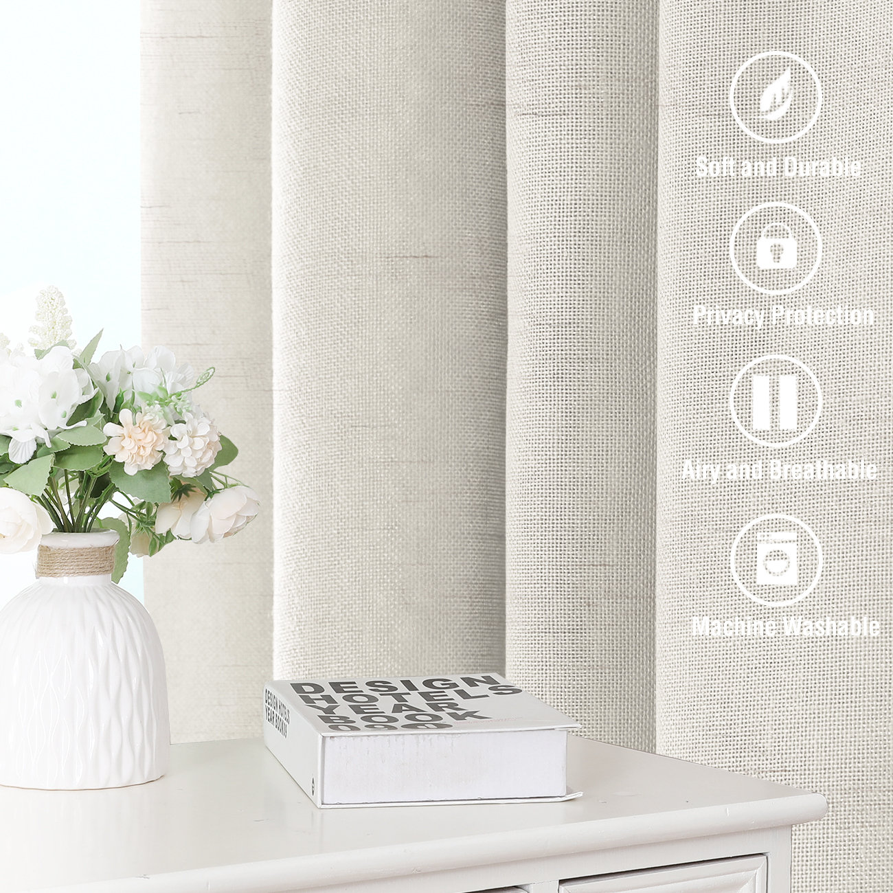 Linen Semi-Sheer Curtain Panel Set, Ivory, 52" W x 108" L