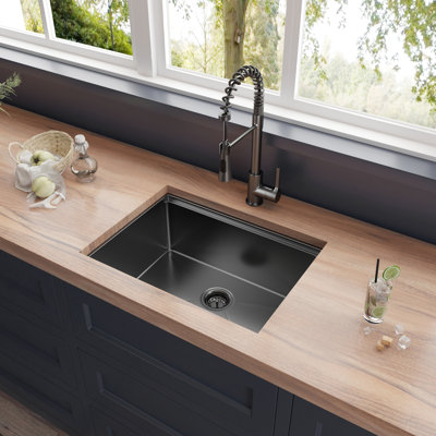 All in One Black Faucet, Gunmetal Black 304T Single Bowl Undermount Workstation Kitchen Sink