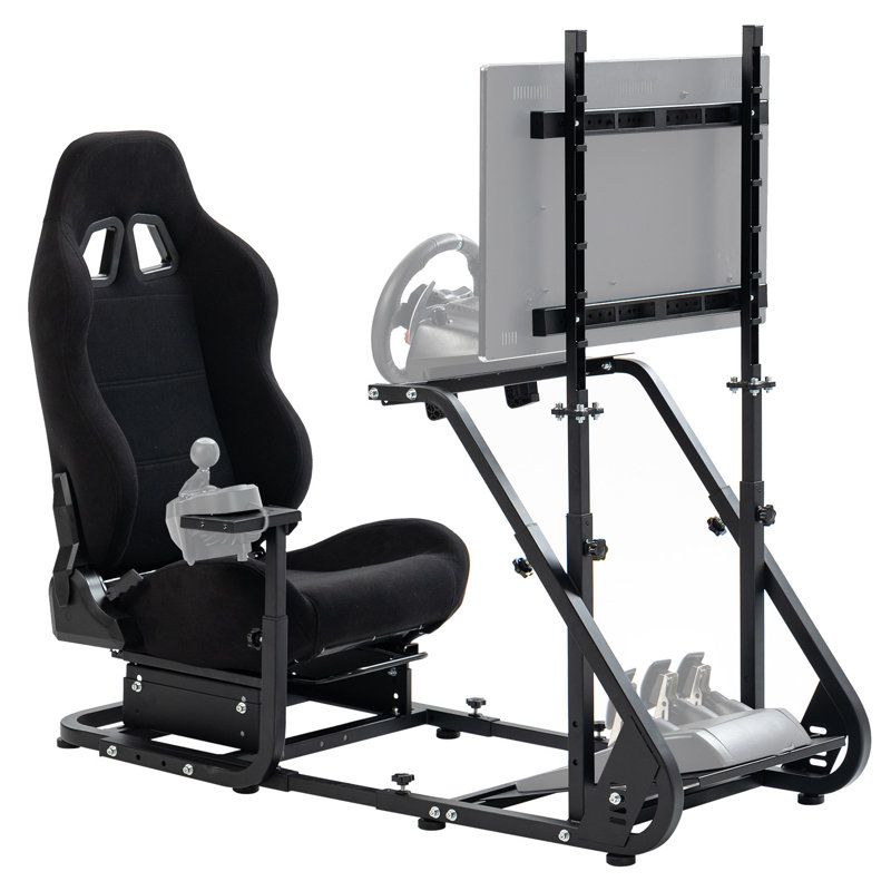 Anman Racing Sim Cockpit with TV Stand & Black Seat Fit for Thrustmaster Logitech G923, Not Include Steering wheel & Wheels & Pedals and Shifter Handbrake 