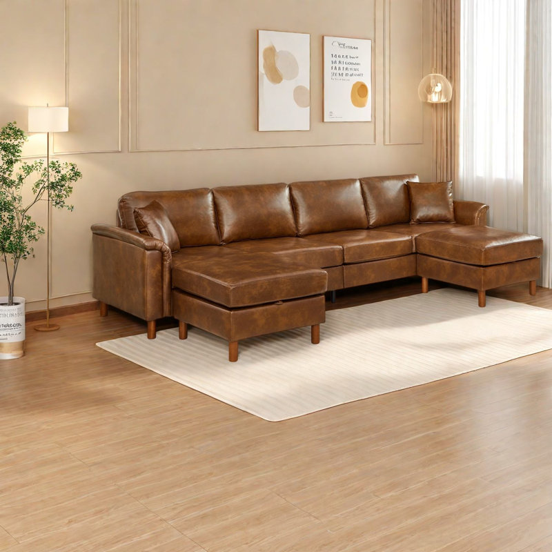 Canapés d'angle de 10 cm avec poufs de rangement, cuir PU respirant, style moderne pour la maison, Brun