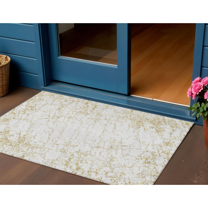 3' X 5' Gold And Ivory Abstract Washable Indoor Outdoor Area Rug
