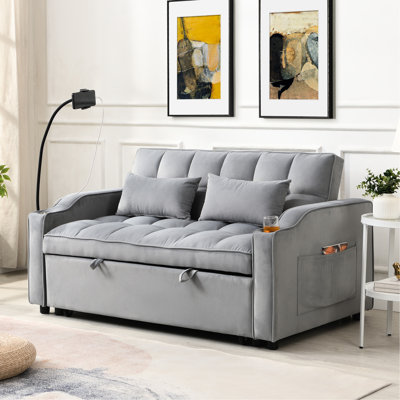 3 In 1 Convertible Bed: Velvet Upholstery, Pullout Sleeper, Adjustable , Pillows, Gray Modern Bed With : Fabric, Mechanism, Phone Holder, For Small Spaces