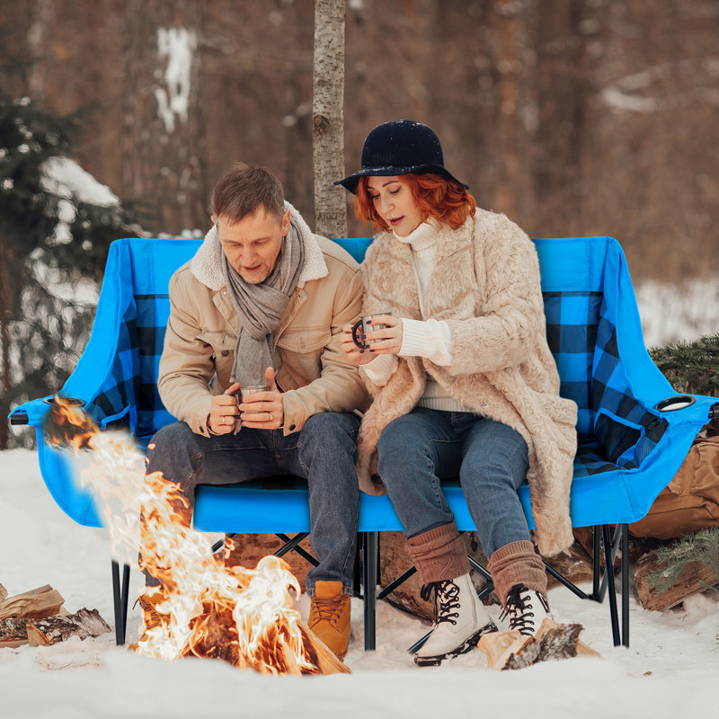 Oversized Heated Double Camping Chair, Folding, Adjustable Temperature, Carrying Bag, Blue Grid