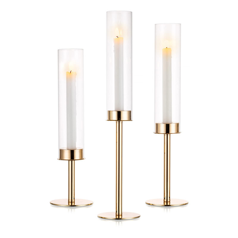 Gold and Glass Tall Hurricane Candlestick Holder Set of 3
