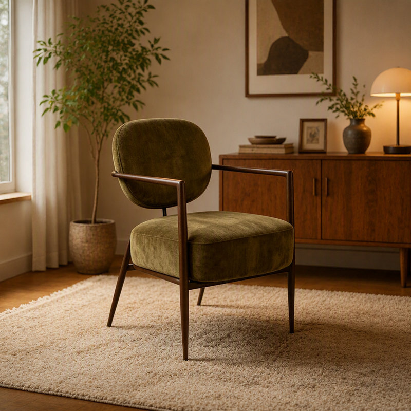 Chaise d'appoint moderne en métal avec revêtement en tissu doux pour le salon et la chambre à coucher, Green Fabric