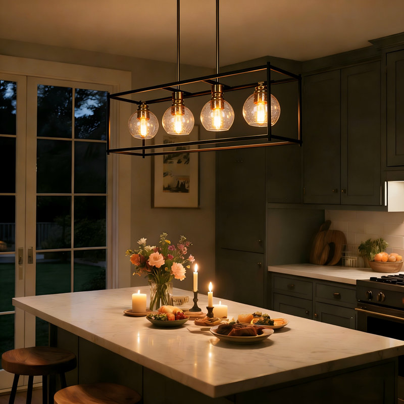 Mariello 4-Light Matte Black Farmhouse Kitchen Island Linear Pendant, Black/Gold
