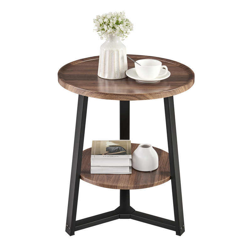 Walnut and Black Round Two-Tier Accent Table with Metal Legs