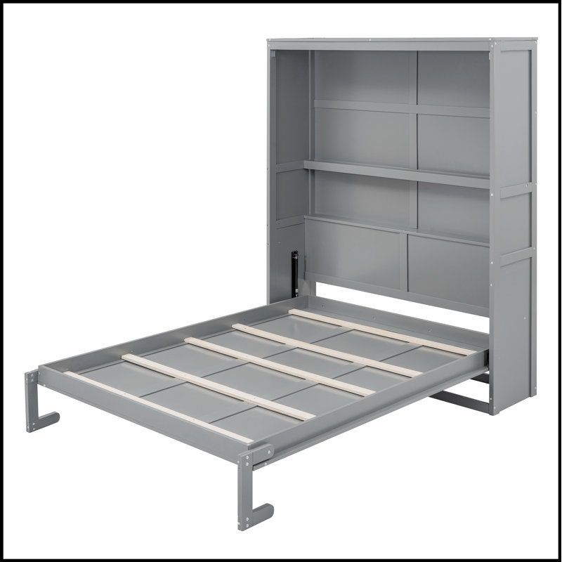 Lit mural peu encombrant avec tablettes intégrées, parfait pour les espaces de vie modernes et fonctionnels, Grand lit, Gris