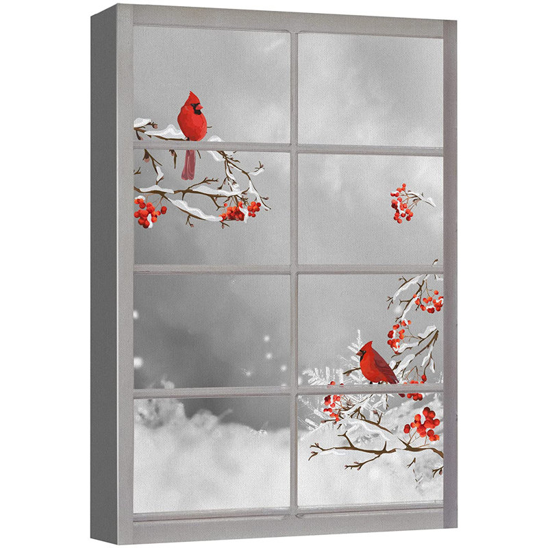 IDÉE4WALL, reproduction d'art sur toile, fenêtre, vue d'hiver, neige, cardinal, oiseau, arbre, paysage, nature sauvage, illustrations, art moderne, rustique, décoratif, coloré, décor pour le salon, la chambre à coucher, le bureau