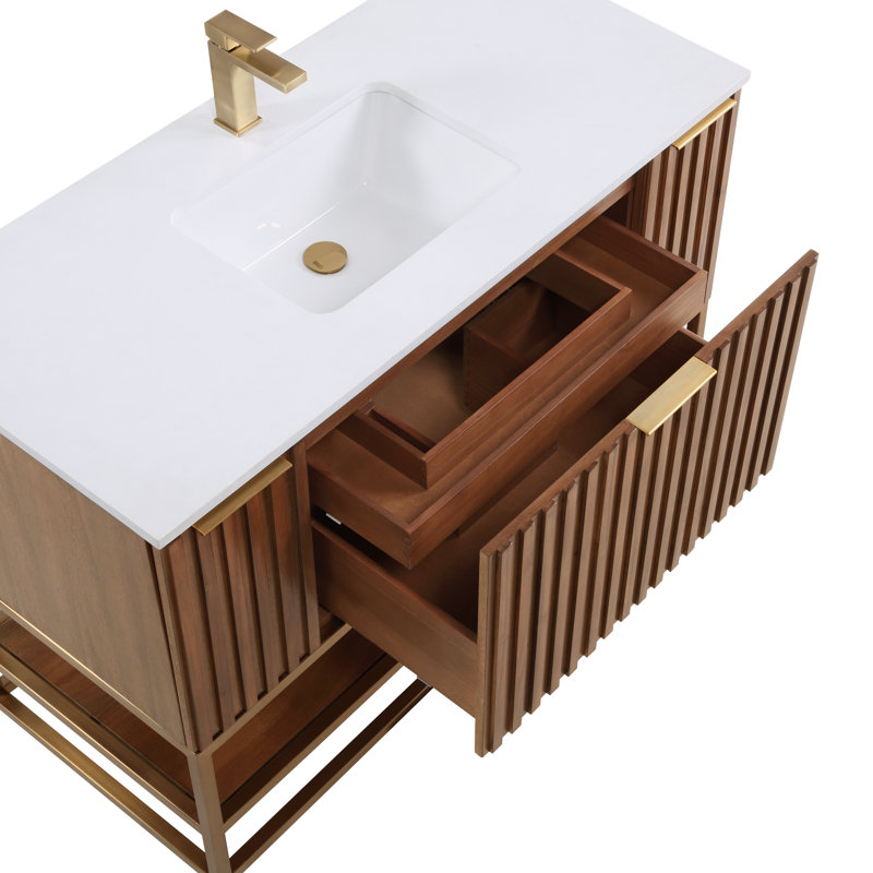 Terra 48'' Single Bathroom Vanity with Top, White Quartz/Single Faucet Mount, Walnut, Satin Brass