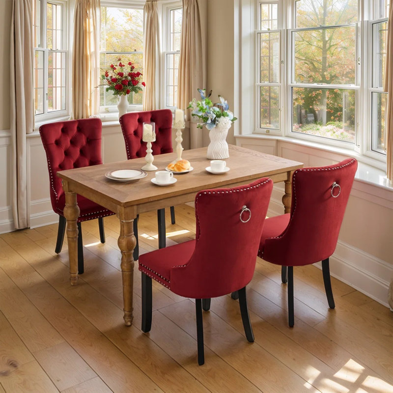 2PCS Modern Velvet Wingback Tufted Solid Wood Upholstered Dining Chairs (Set of 2), Red