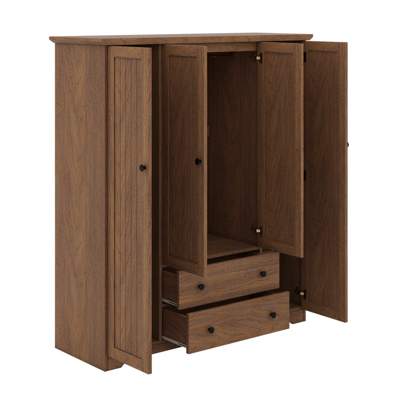 Armoire spacieuse à 4 portes avec tiroirs et rails suspendus, Brun