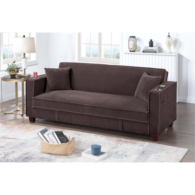 Canapé convertible 1 pièce chocolat contemporain avec accoudoirs carrés, pieds en bois et rangement caché pour le salon